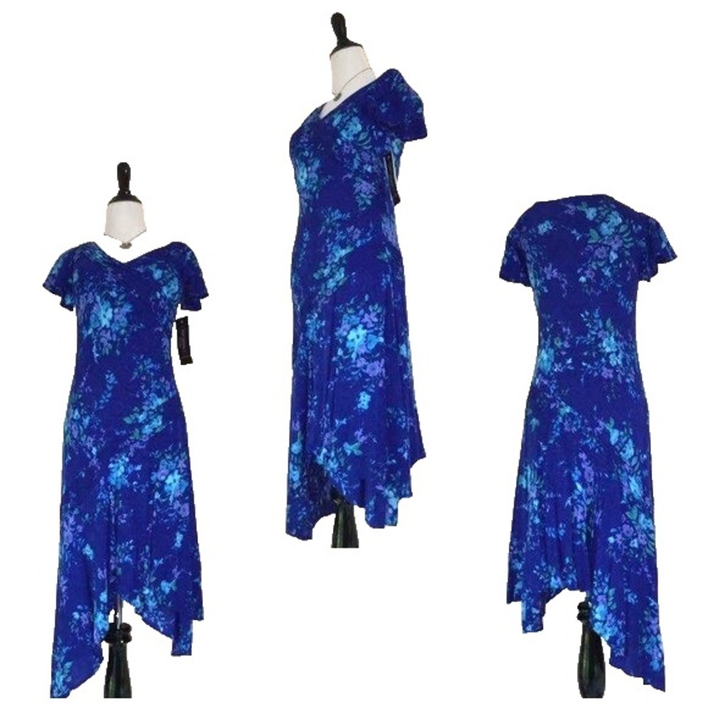 Vintage 90s Floral Asymmetric Hem Dress Blue 6P PS Garden Party Cottagecore Midi